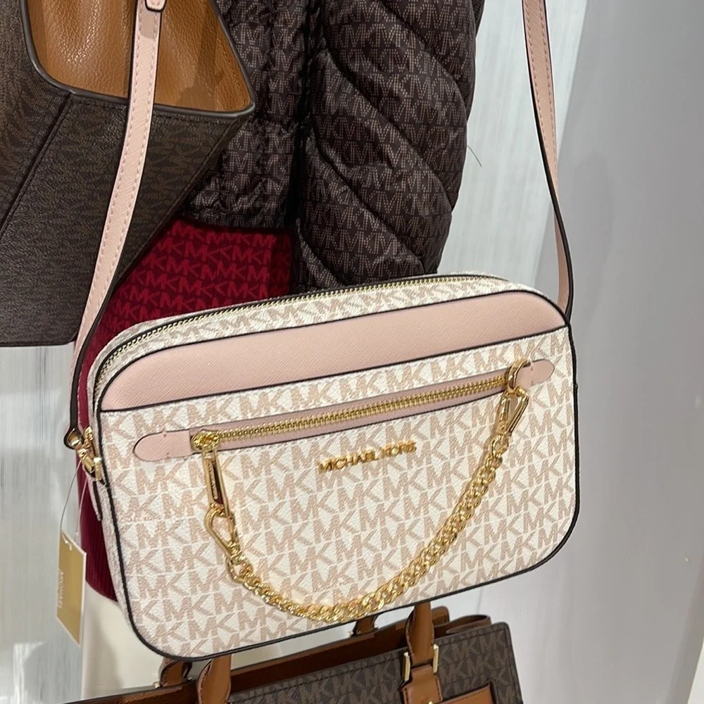 Michael Kors Jet Set Item Large East West Zip Chain Crossbody Optic White/Rsgld